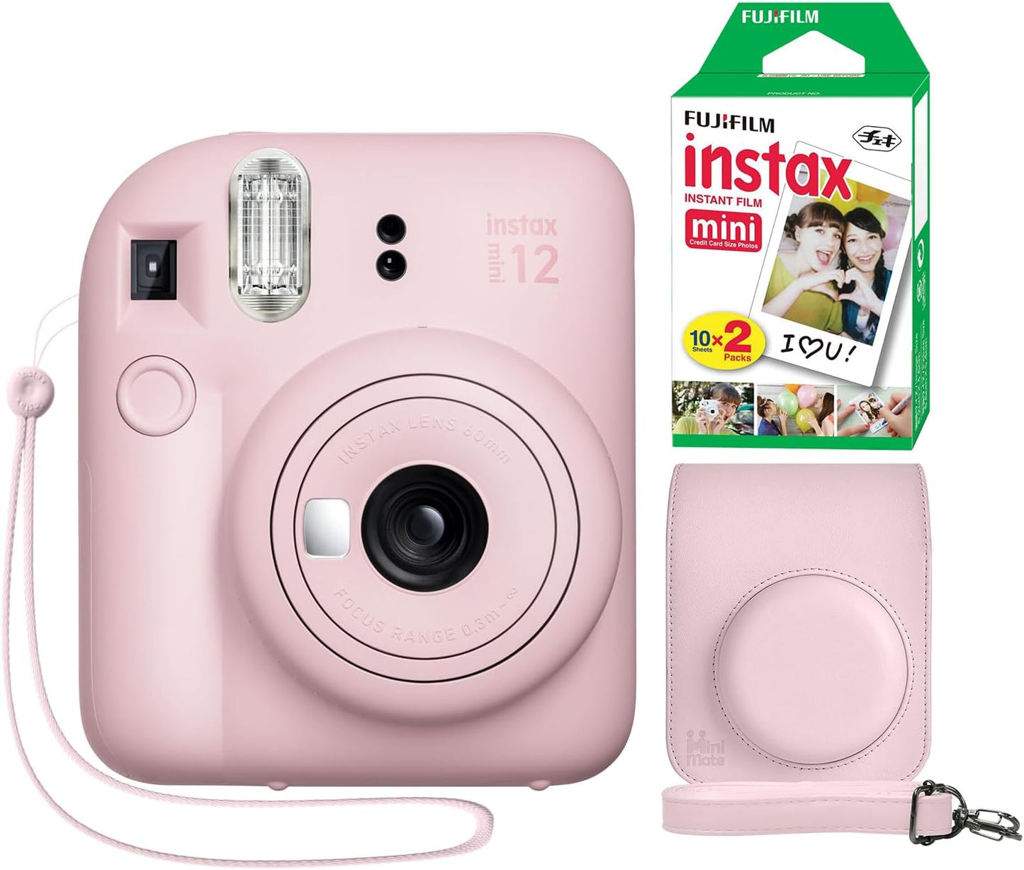 Fujifilm Instax Mini 12 Camera Bundle: Blossom Pink + Custom Case + 20 Film Sheets
