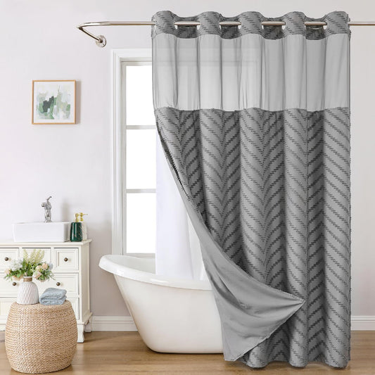 No Hook Tufted Chevron Striped Shower Curtain for Modern Bathrooms