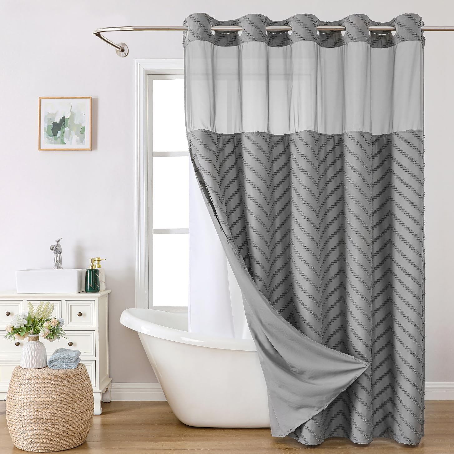 Extra Long No Hook Tufted Chevron Striped Shower Curtain Set
