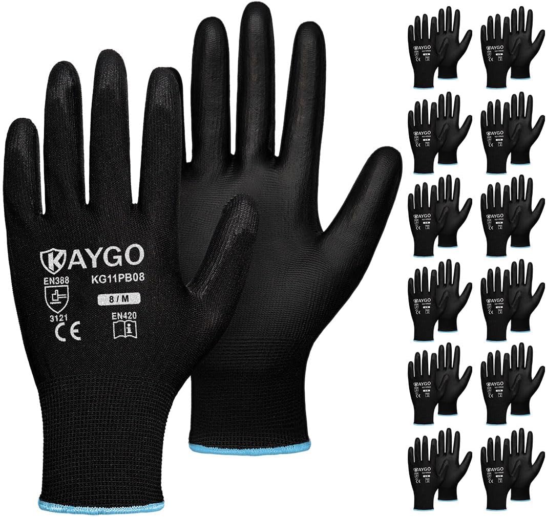 KAYGO PU Coated Safety Work Gloves - Smooth Grip, 12 Pairs