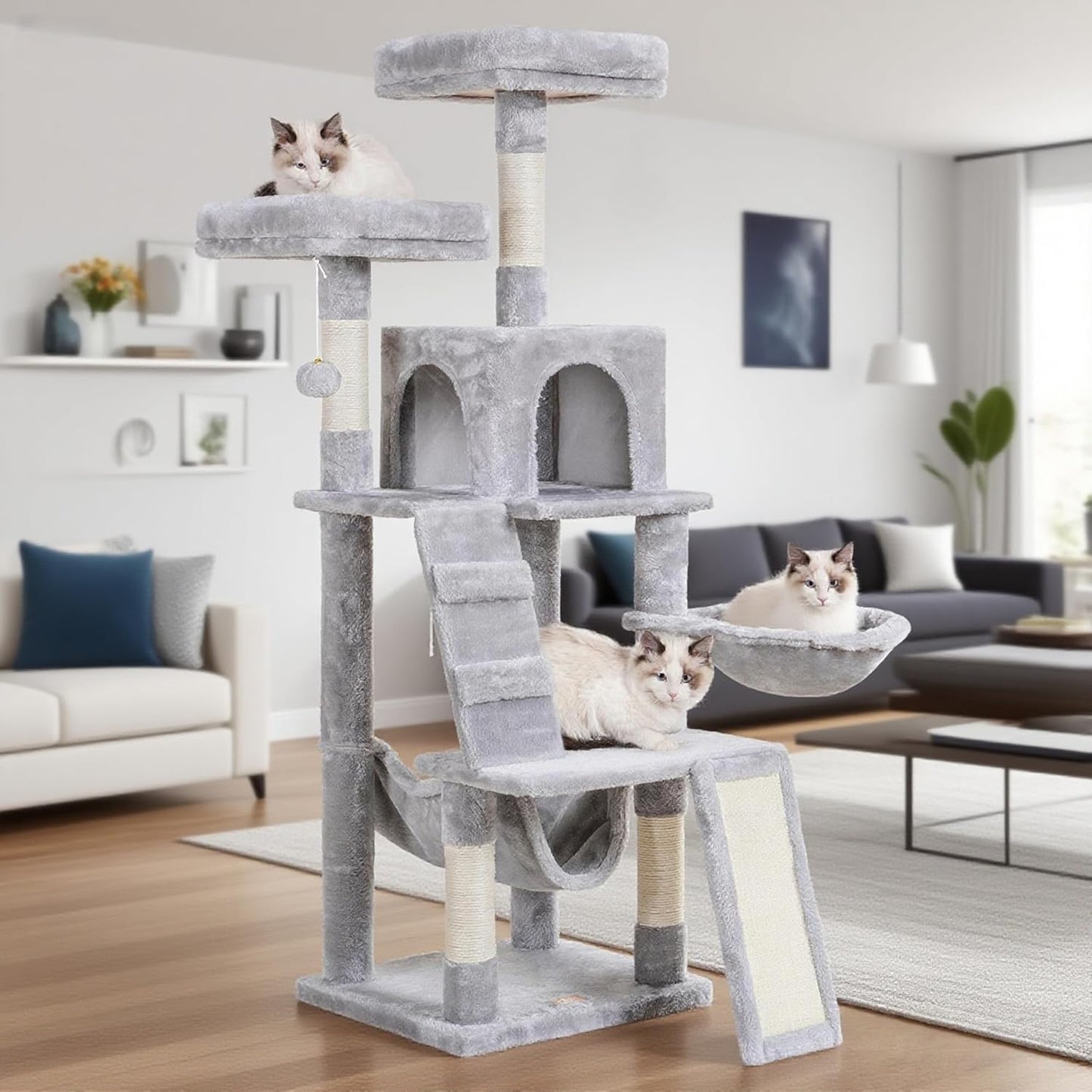 Heybly Cat Tree for Indoor Cats with Cozy Basket and Scratching Board
