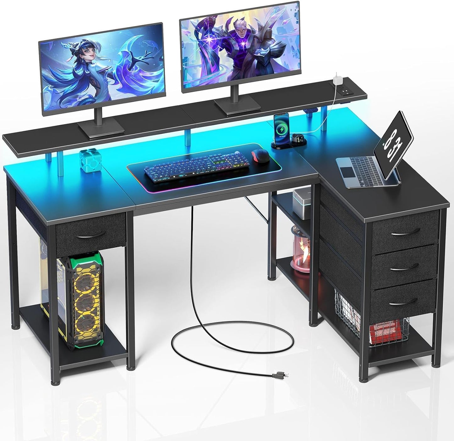 Seventable L-Shaped Gaming Desk with LED Lights