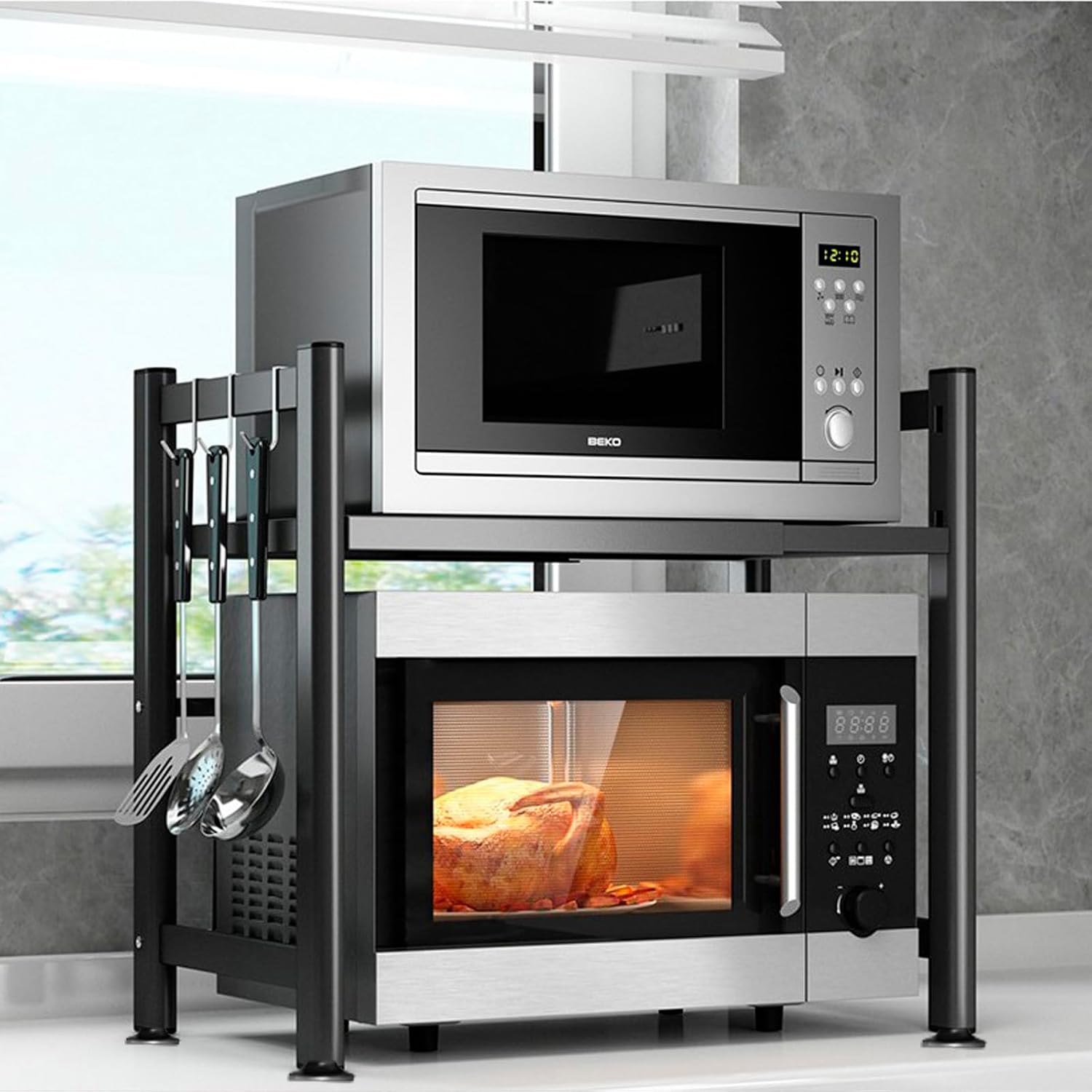 ESSGUO Microwave Rack: Space-Saving 2-Tier Stand with 6 Hooks