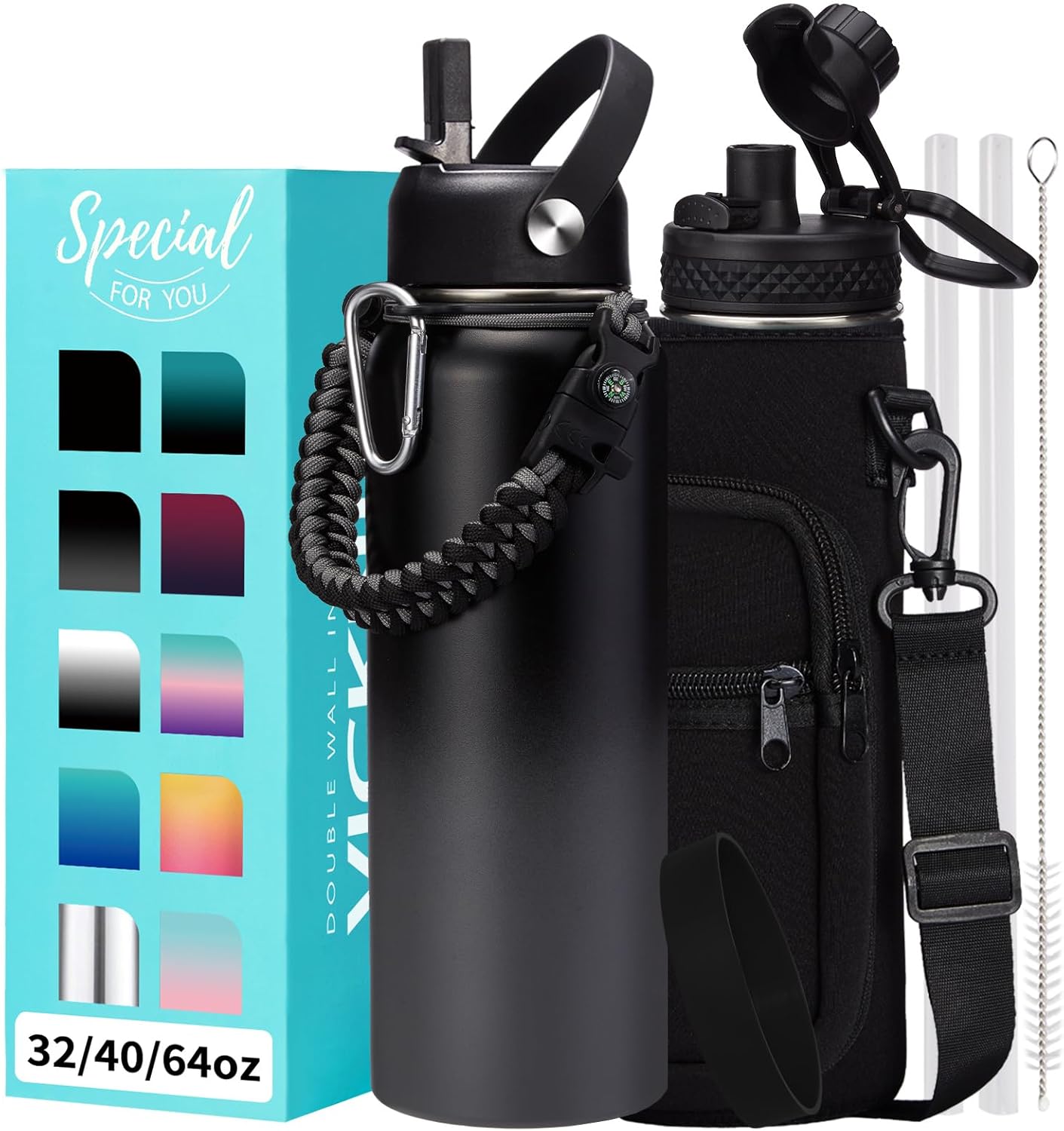 40 oz Insulated Water Bottle with Straw and Accessories Set