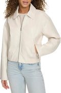 Womens Faux Leather Bomber Jacket with Laydown Collar - Sleek