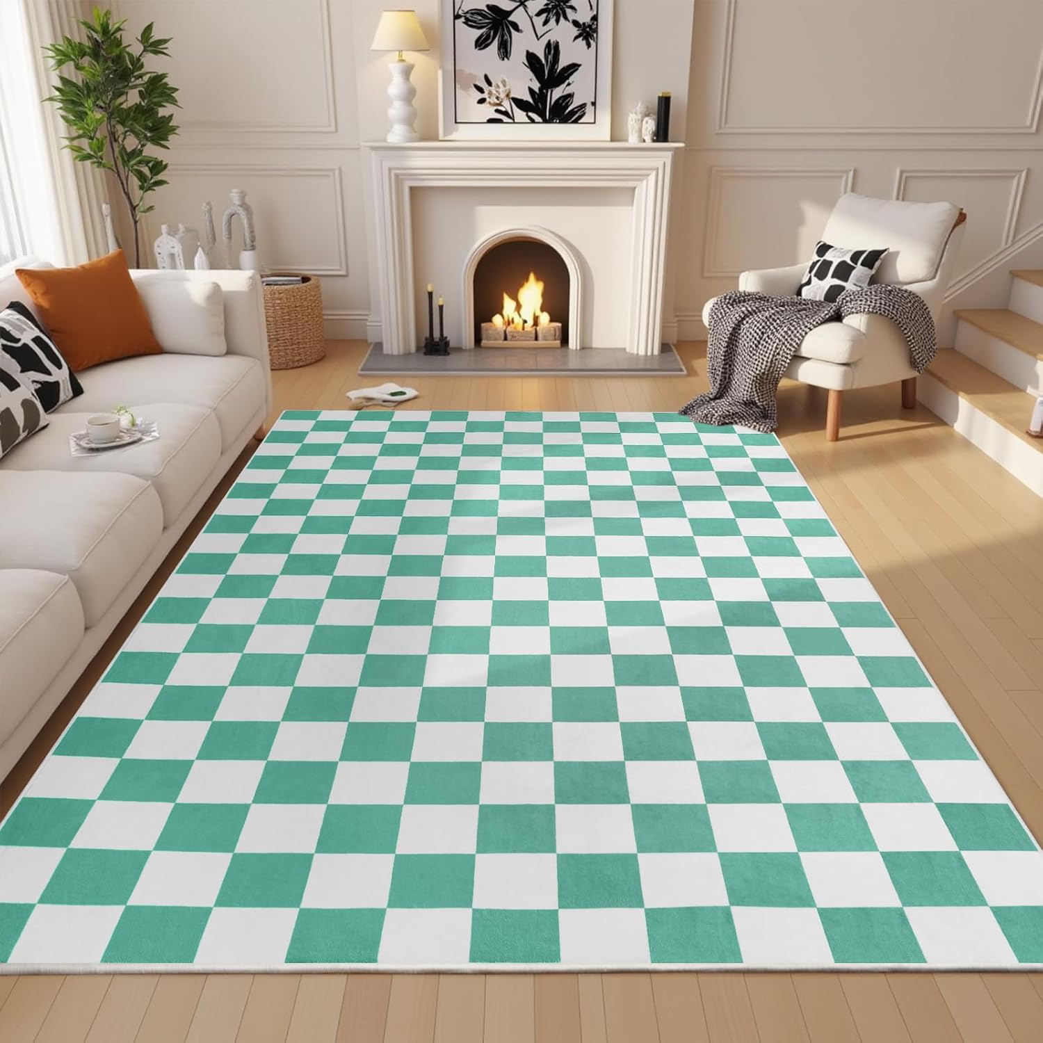 Terrug Green and White Checkered Rug for Living Room 6x9