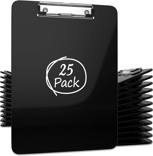 25 Pack Plastic Clipboards - Durable Black Clip Boards Set