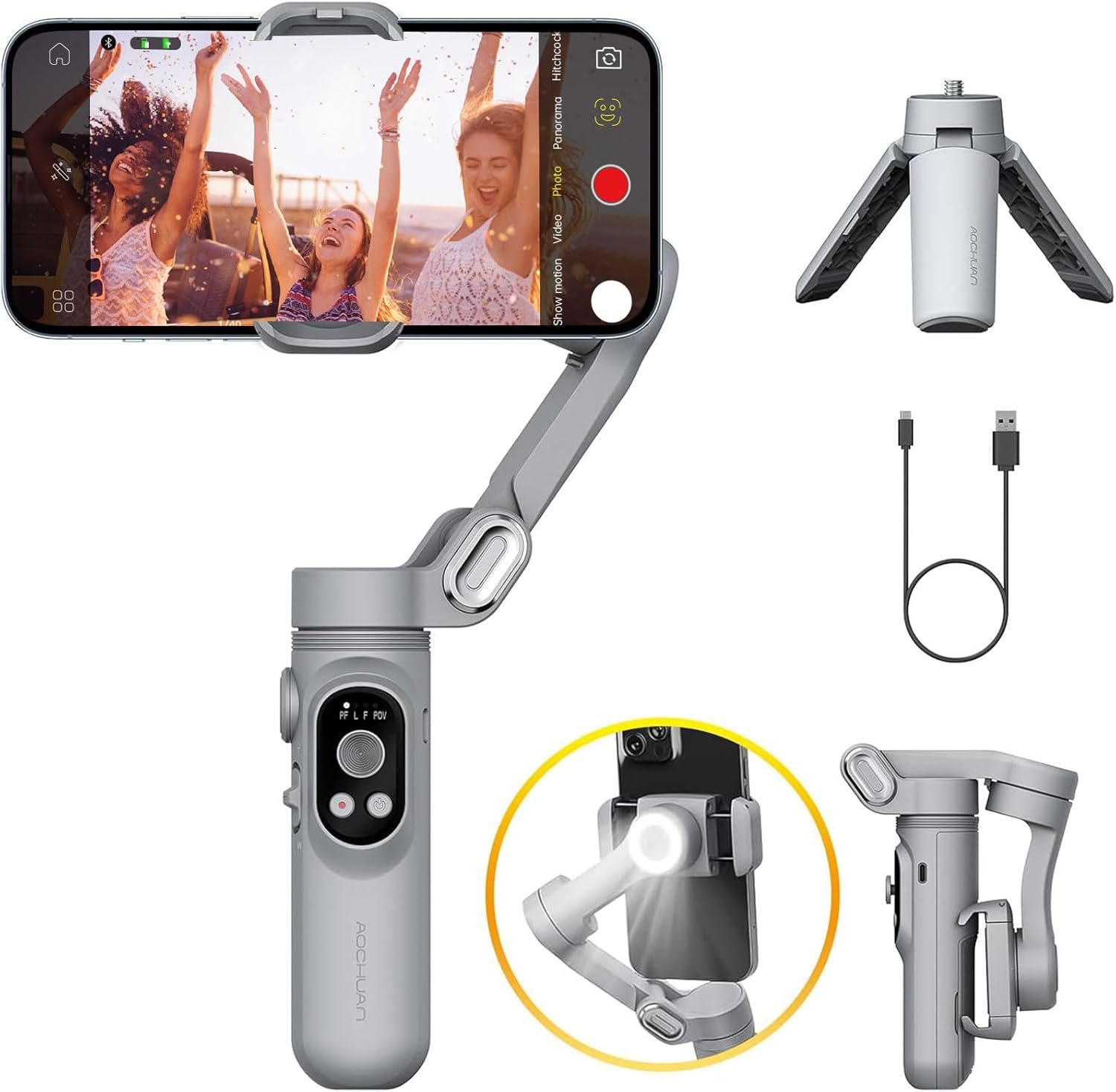 Gimbal Stabilizer for Smartphone with LED Light and Face Tracking