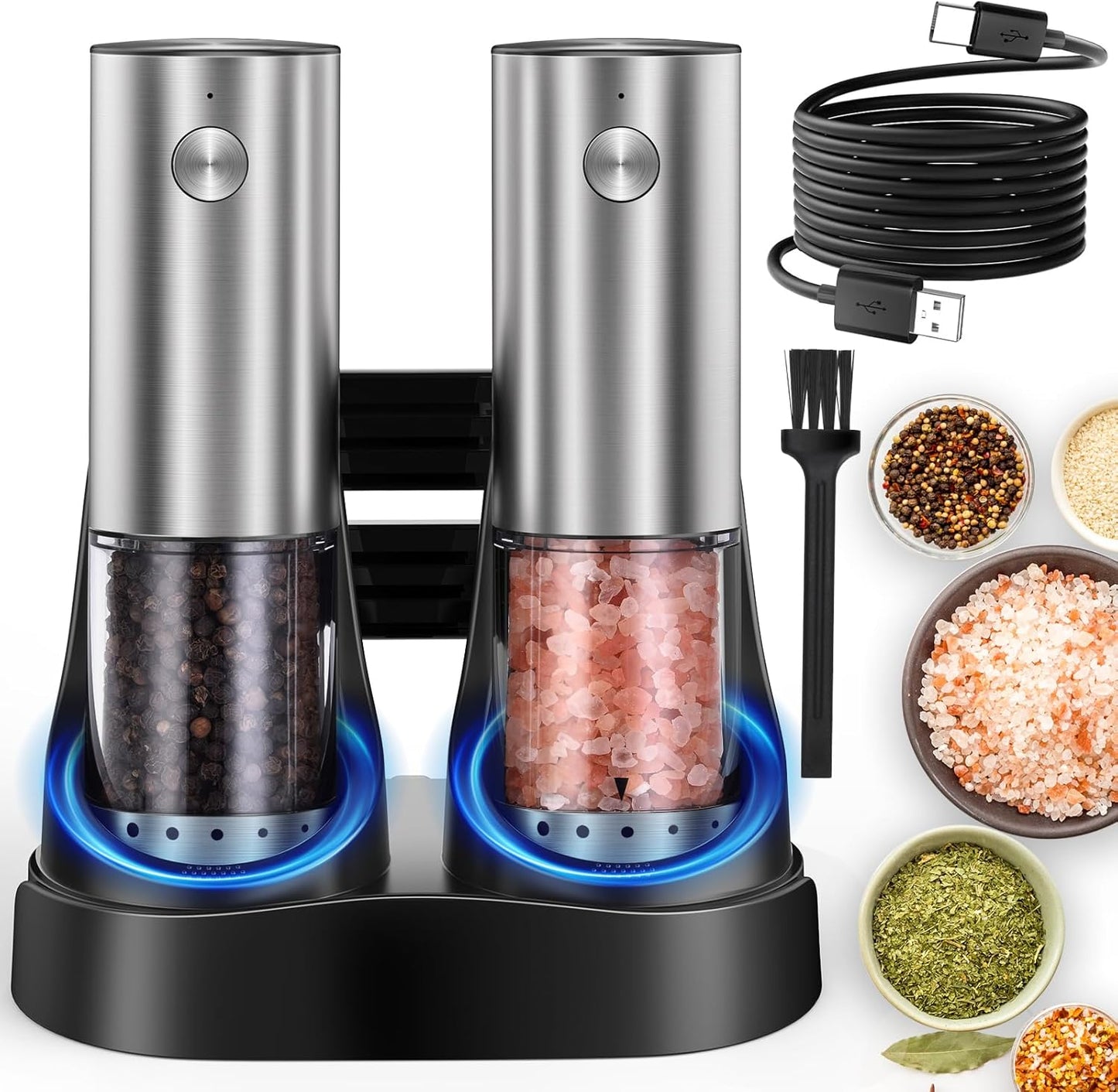 Electric Salt and Pepper Grinder Set with LED Light and Base