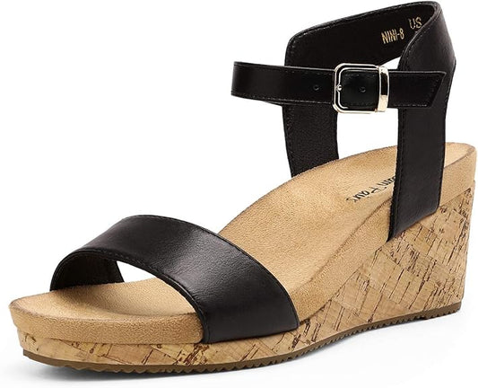 DREAM PAIRS Women's Open Toe Buckle Ankle Strap Wedge Sandals