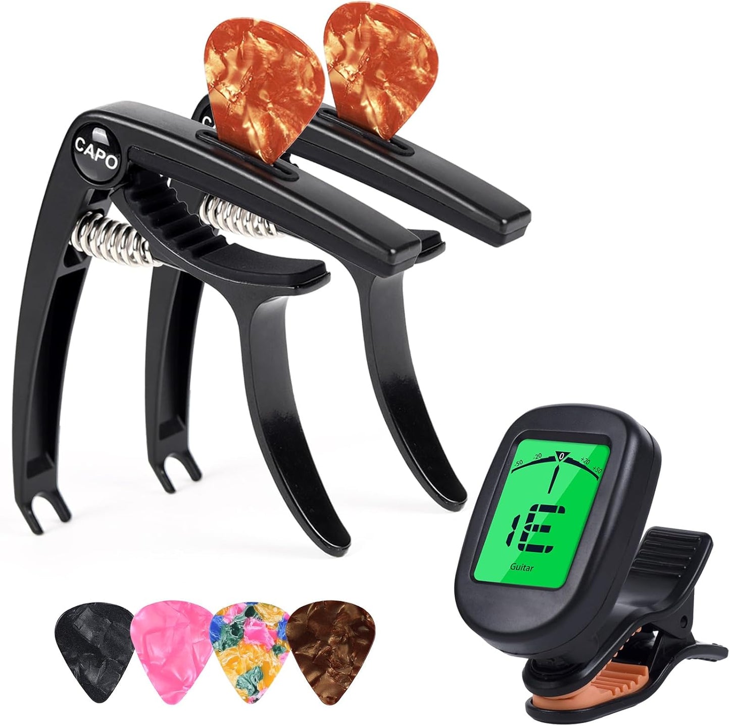 Moom Guitar Capo & Tuner Combo - Buzzing-Free Dual Capos + Picks!