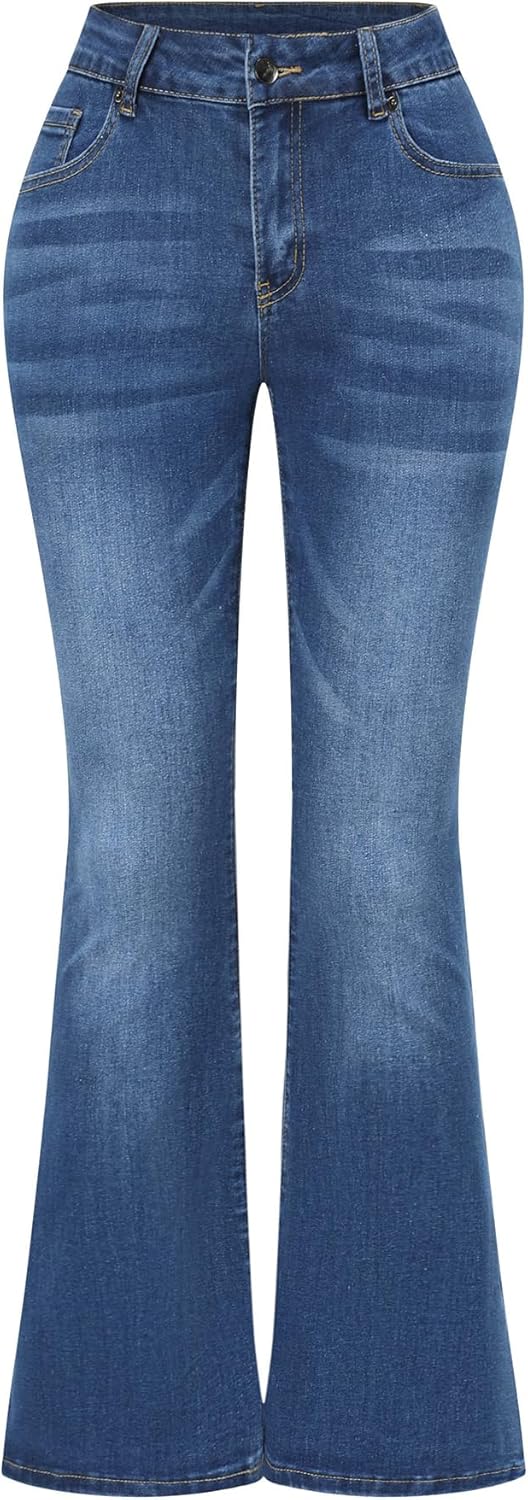 Womens Stretchy Mid Rise Flare Jeans Distressed Denim Pants