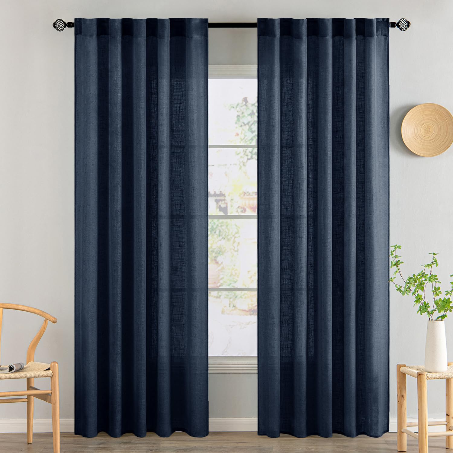 MIULEE Navy Blue Linen Curtains for Bedroom and Living Room