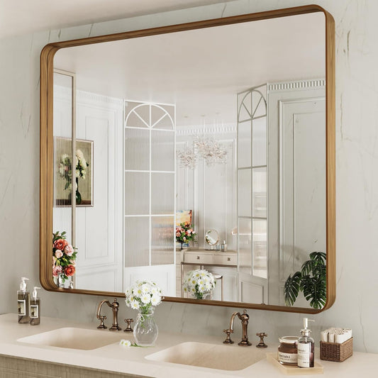 48X40 Inch Bathroom Mirror with Wood Grain Metal Frame