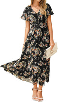 Womens Floral Maxi Dress Short Sleeve - Flowy Boho Midi Dress