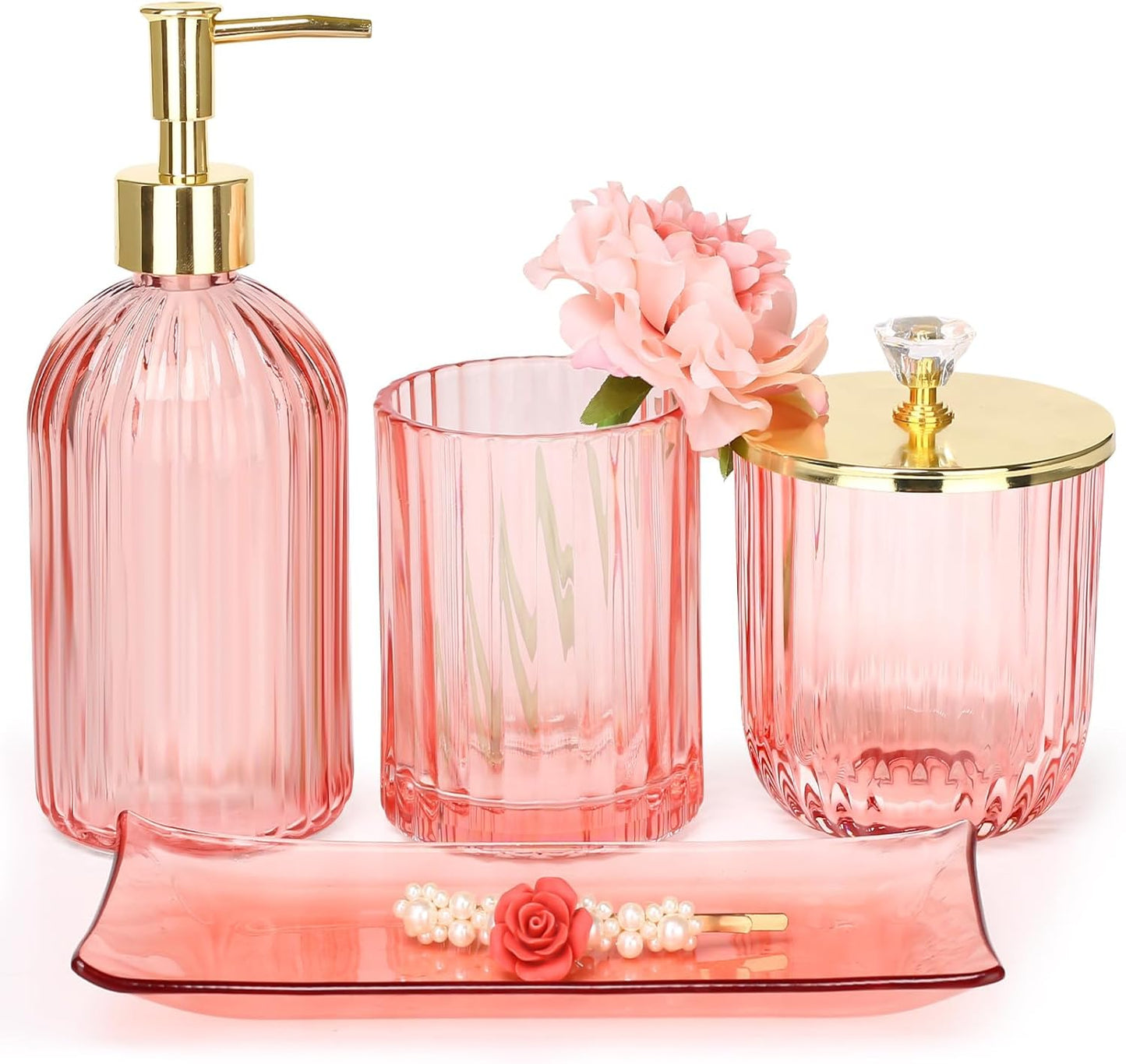 Multifunction Pink Glass Bathroom Accessories Set for Home Decor