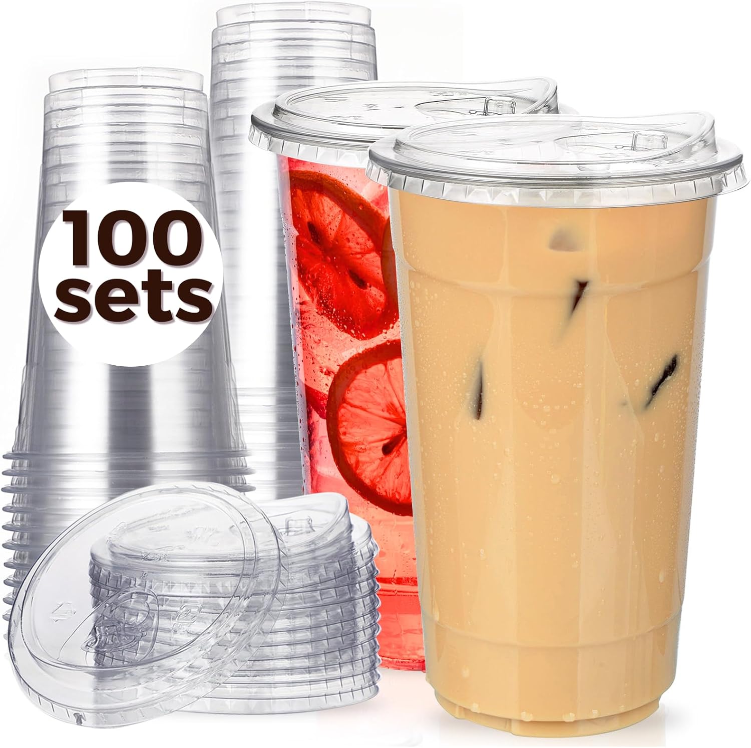 100 Pack 32 oz Clear Plastic Cups with Strawless-Sip-Lids