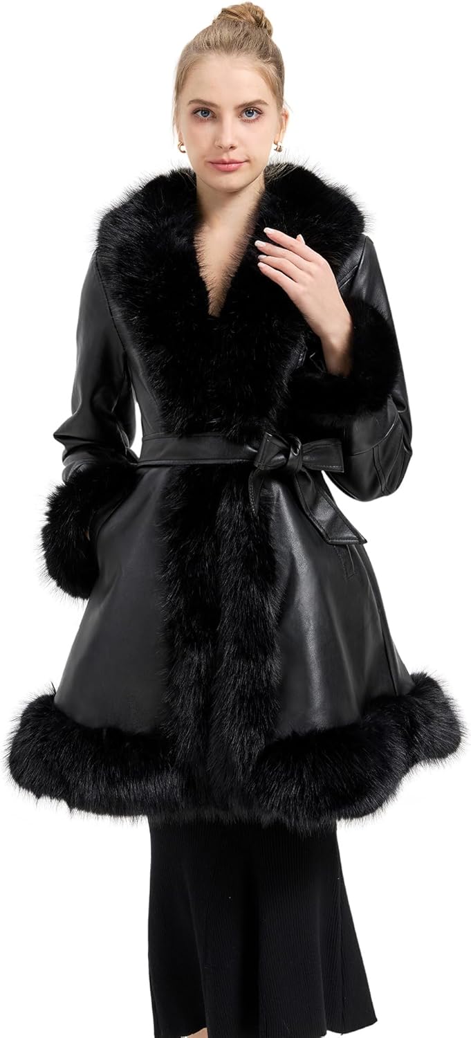 GRAN ORIENTE Women's Faux Leather Jacket with Faux Fur Collar
