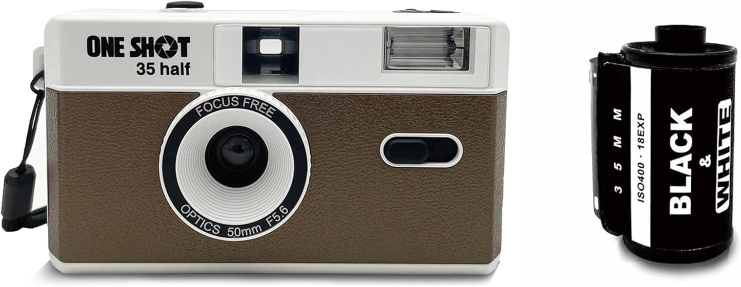 Retro Half Frame Film Camera with Built-In Flash & Black & White Film - Brown