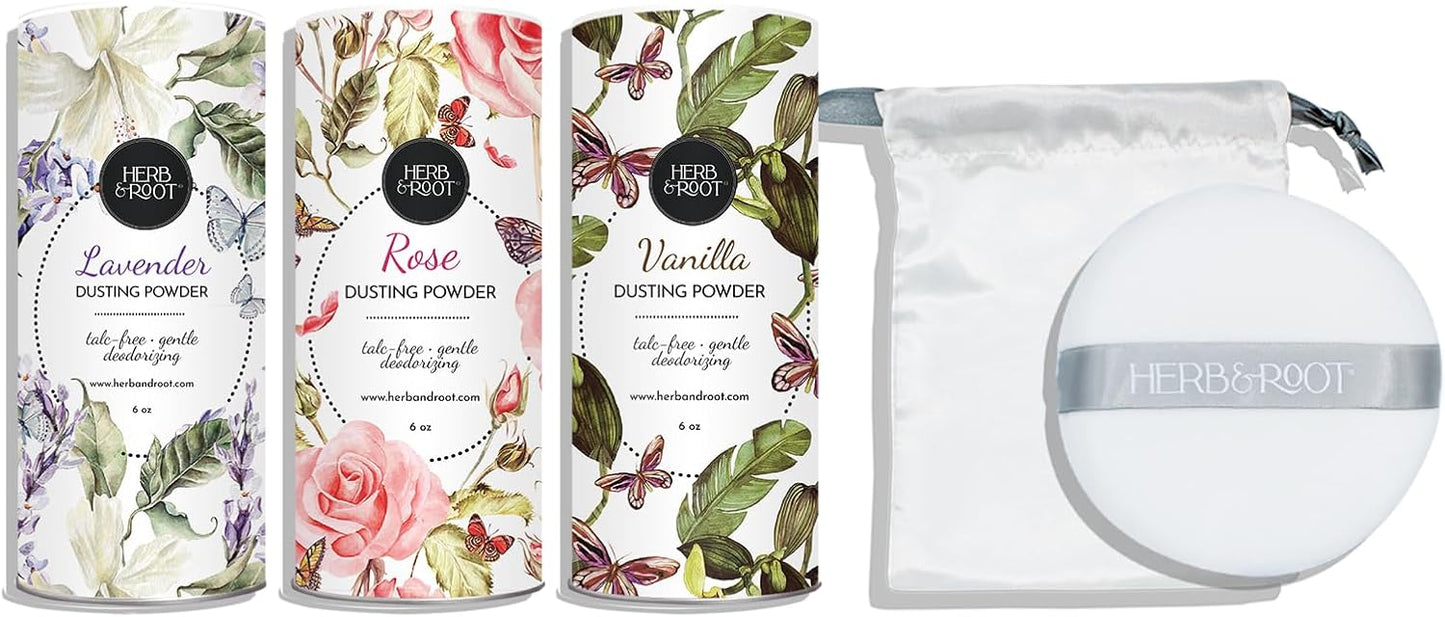 Talc-Free Body Powder Gift Set with Lavender, Rose, Vanilla Scents