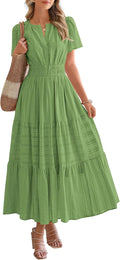 Womens Summer Midi Maxi Dress V Neck Elastic Waist - Versatile Boho