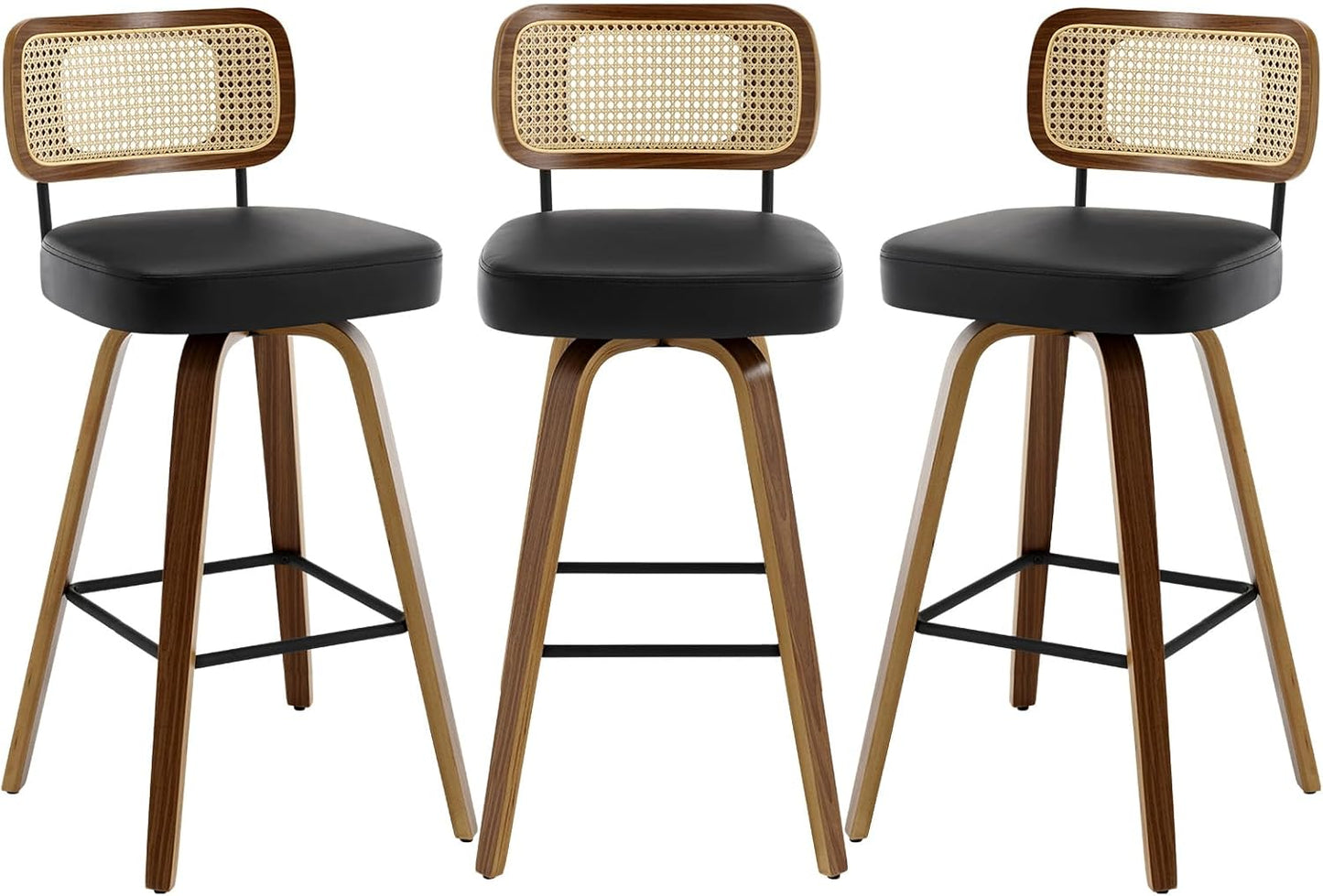 Swivel Bar Stools Set of 3 with Rattan Back and Bentwood Frame