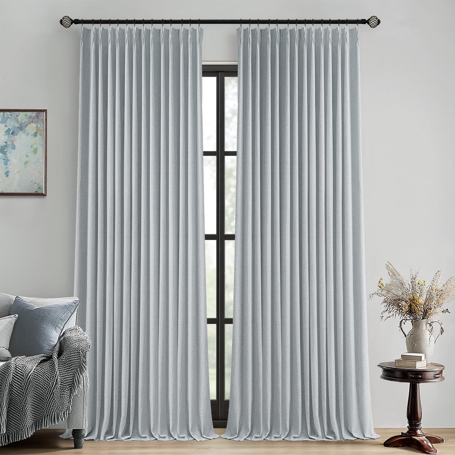 MIULEE Grayish Blue Pinch Pleated Blackout Curtains 90 Inch