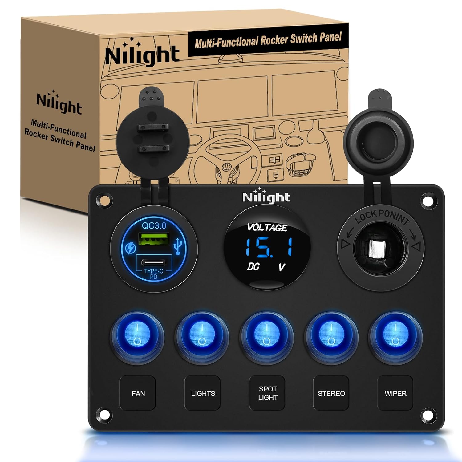 Nilight 5 Gang Multi Function Waterproof Switch Panel for Vehicles