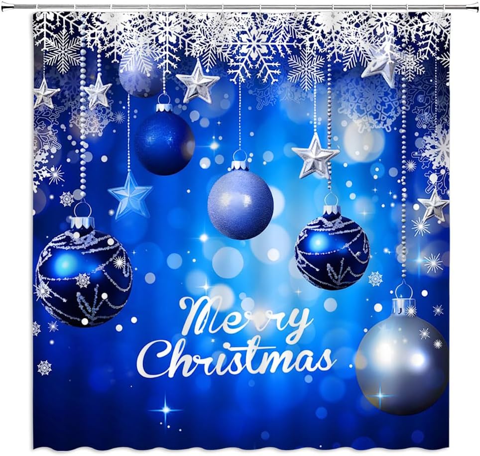 Blue Silver Christmas Shower Curtain Set