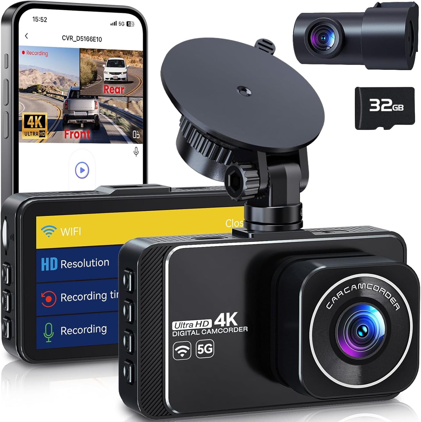 DELLFY 4K Front + 2K Rear Dash Cam - Fast 5G WiFi, Night Vision