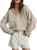 UNCLECAT Women's Striped Checkered V Neck Sweater - Casual Fall Made