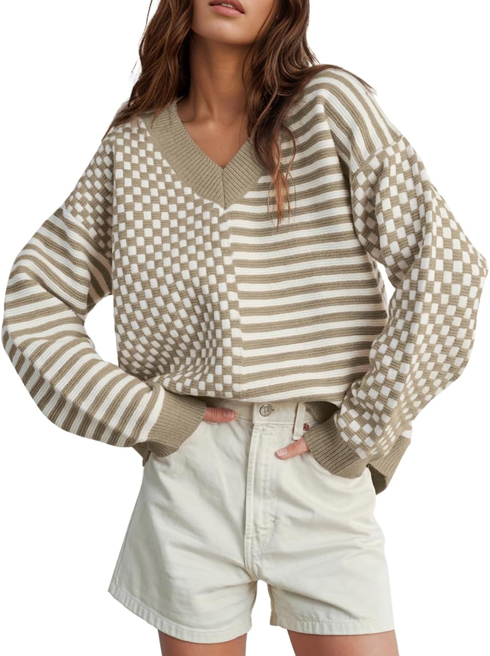 Trendy Women's Striped Checkered Sweater for Casual Style