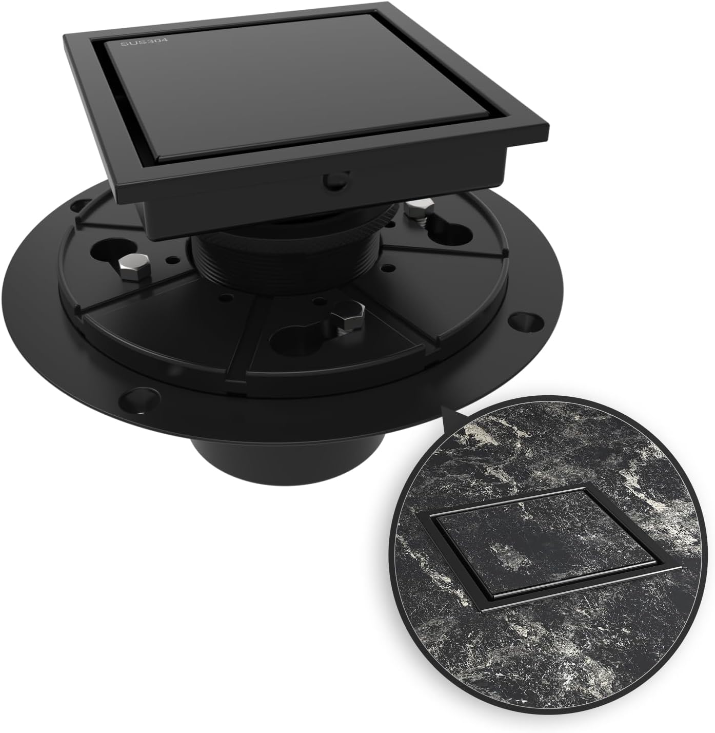 4 Inch Square Shower Drain with Flange and Removable Grate