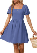 Women Puff Sleeve Square Neck Tie Back Dress - Empire Waist Flowy