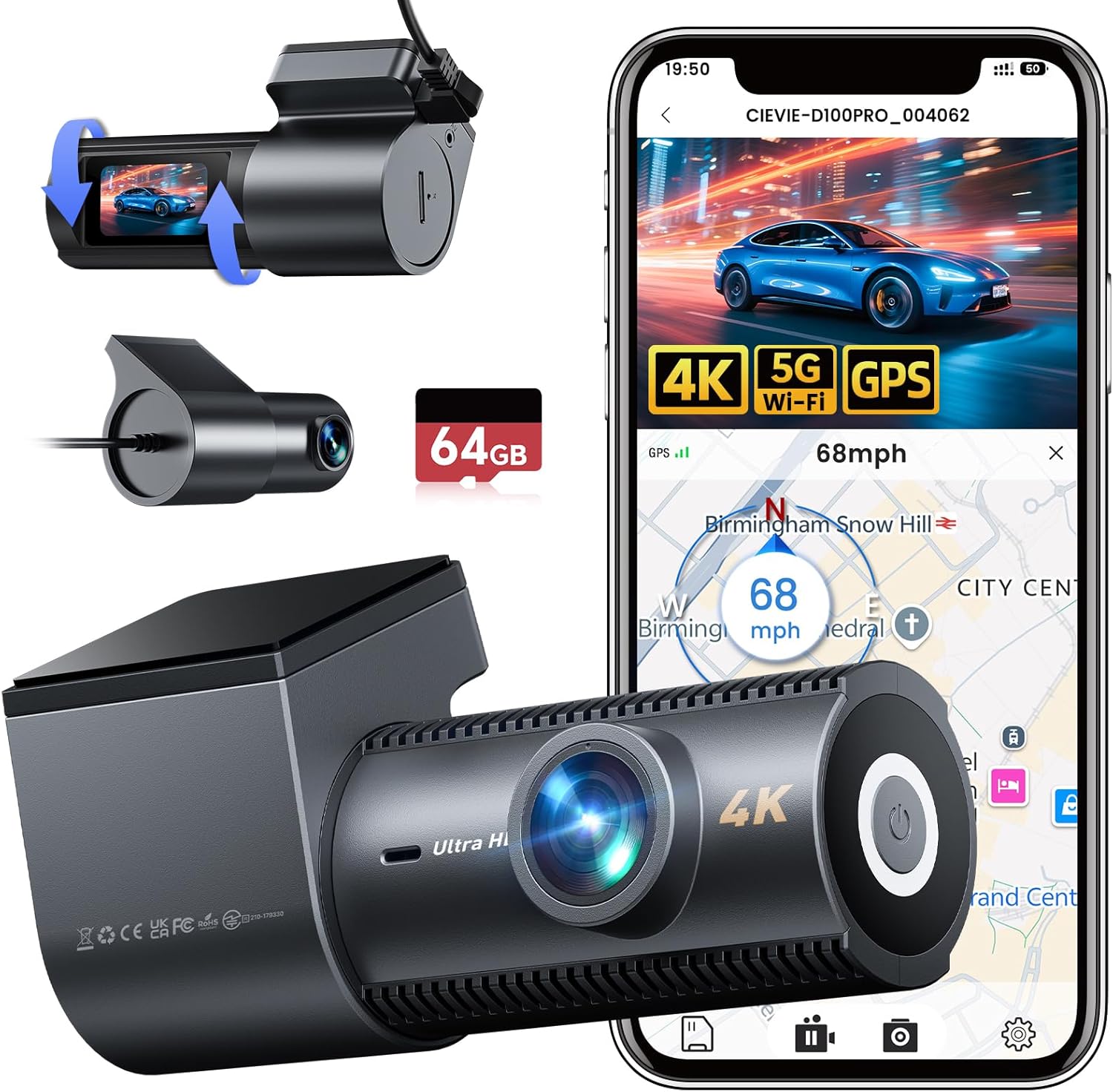 4K Dash Cam Front and Rear with 5G WiFi and GPS Features