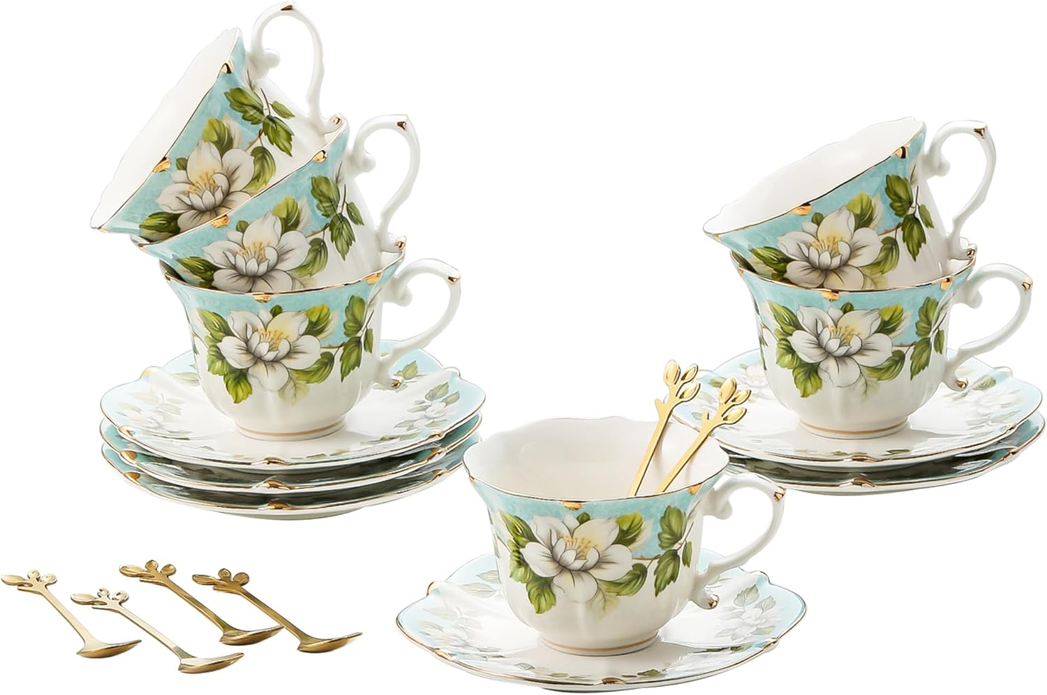TATSUMI Country Roses 18 Piece Bone China Tea Cup Set for Parties