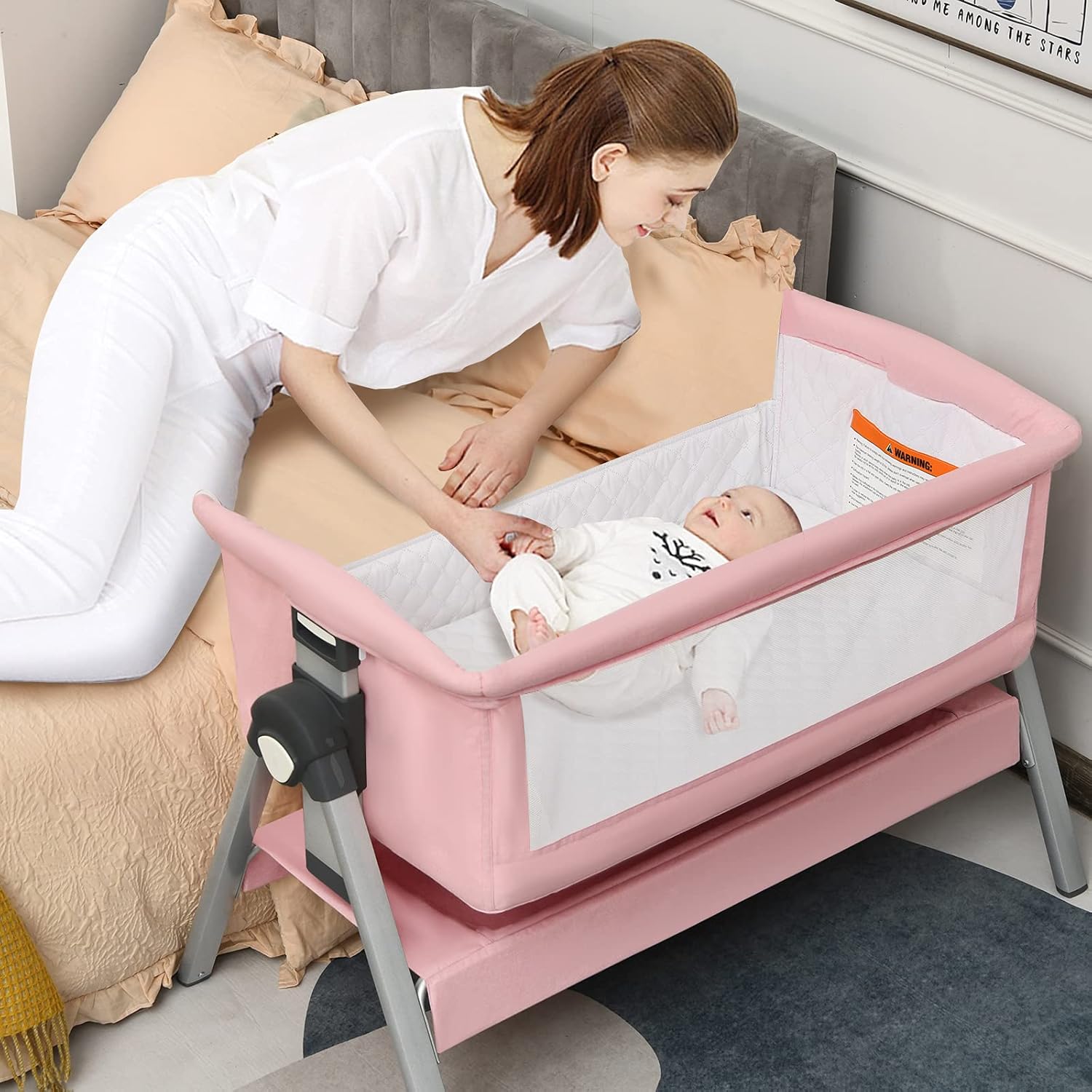 INFANS Baby Bassinet Bedside Crib with Adjustable Heights and Storage