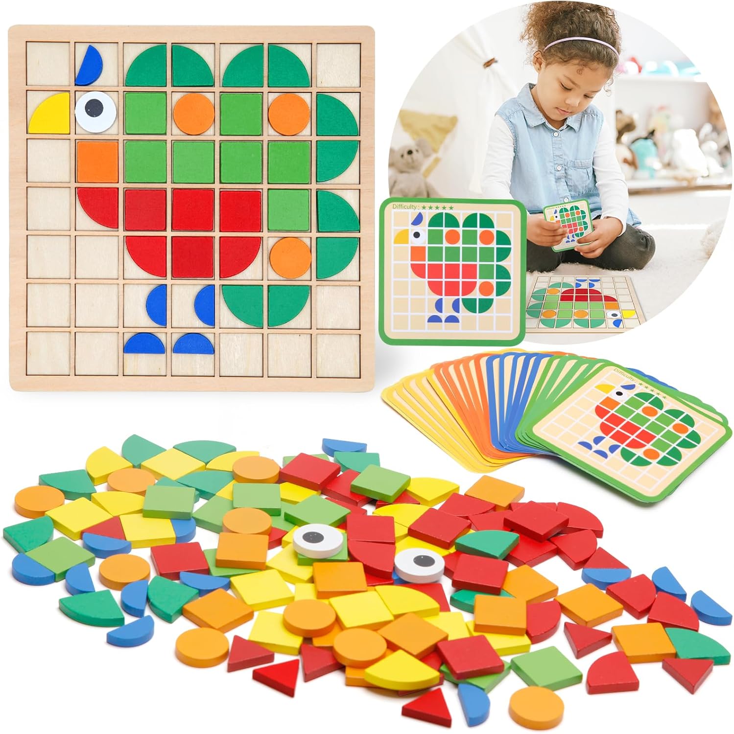 Zycolo Montessori Tangram Set: 120Pcs Wooden Blocks, 20 Cards - Ideal Educational Gift!