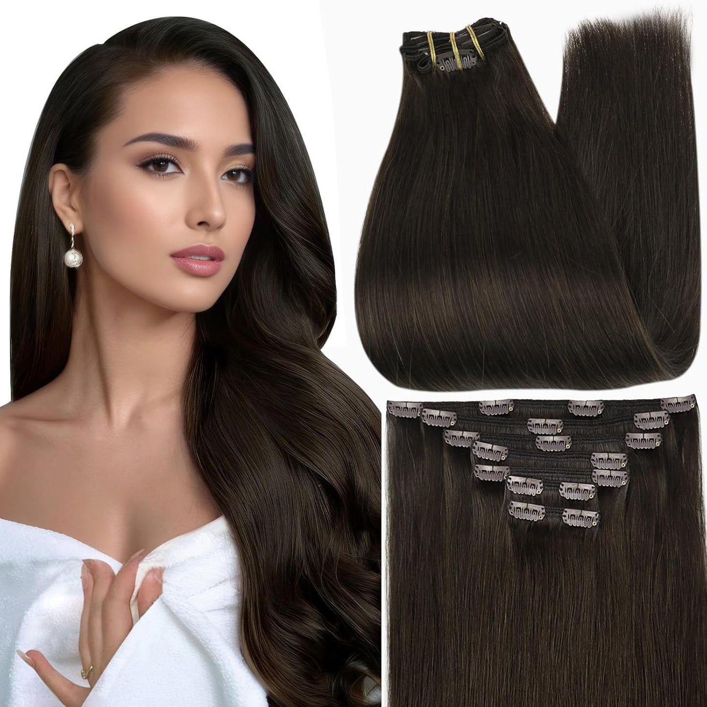 Full Shine 24 Inch Dark Brown Clip In Hair Extensions for Women