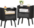 Black Rattan Nightstands Set of 2 - Boho Bedside Tables with Drawer