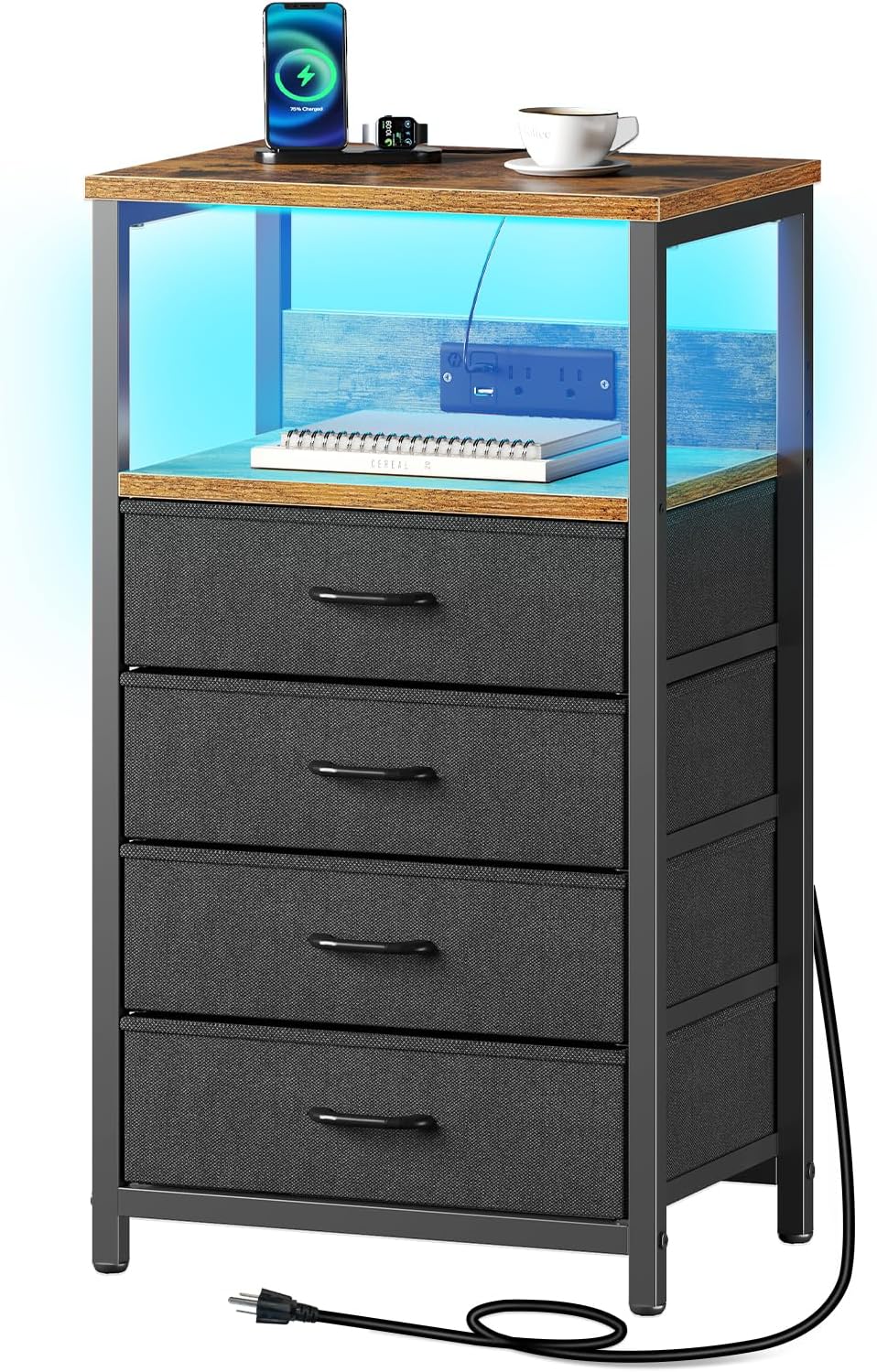 Seventable Night Stand with Charging Station and LED Light