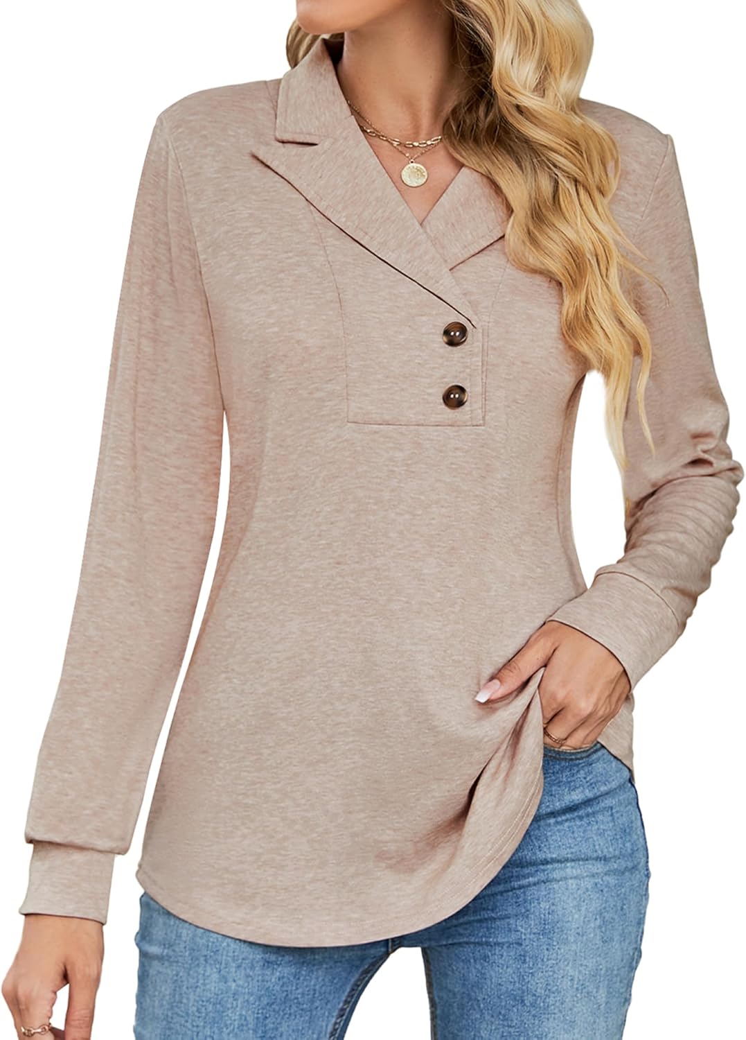 Micoson Women's Long Sleeve Button Lapel Tunic Tops for Fall