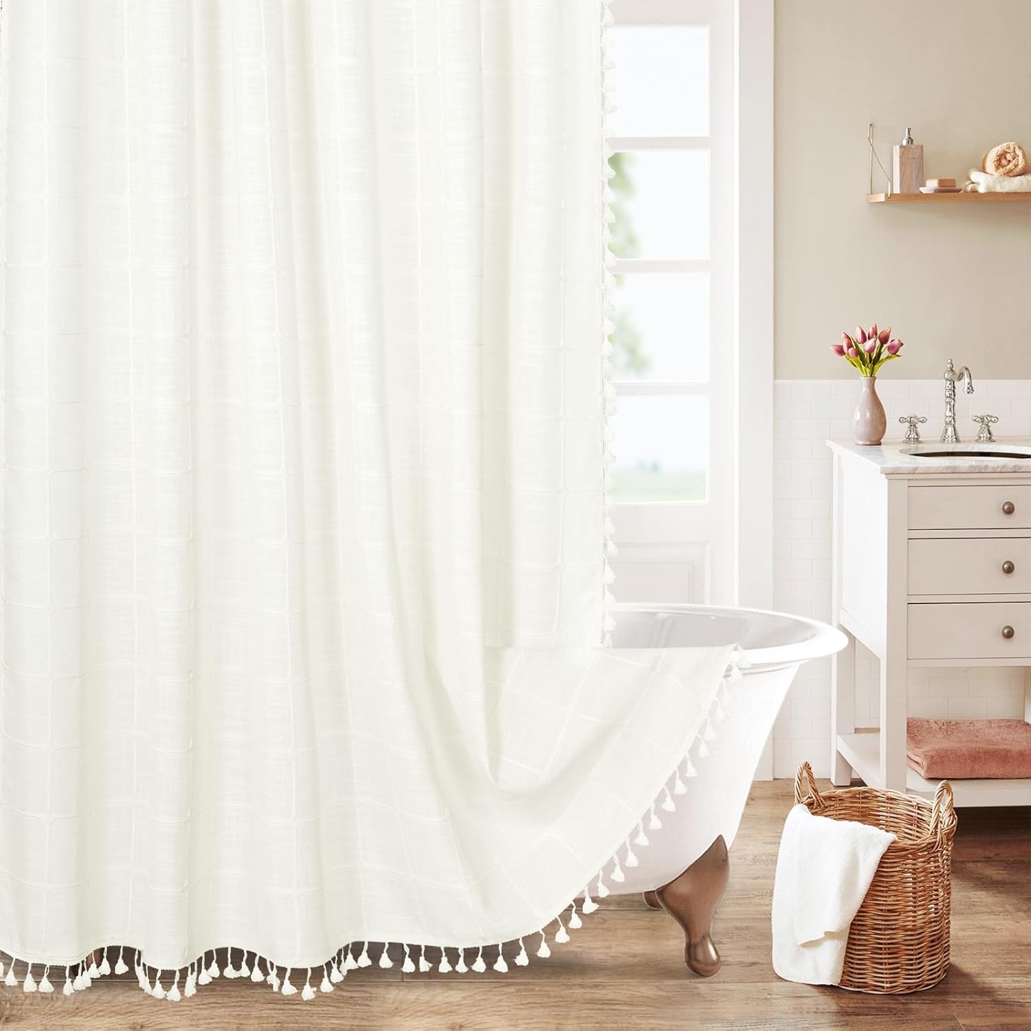 MitoVilla Ivory White Boho Farmhouse Shower Curtain Set 72 x 78