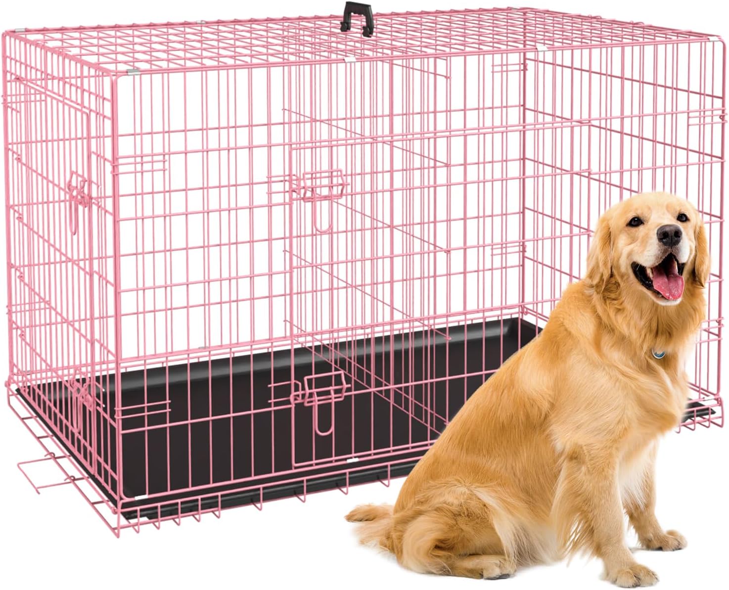 BestPet 42in Pink Dog Crate - Foldable Metal Kennel for Travel