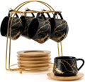 Ceramic Espresso Cups with Saucers and Metal Stand - 6-Pack 4 oz Set