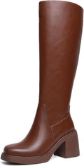 Knee High Boots for Women Square Toe Tall Boots Chunky Heeled