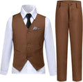 Slim Fit Brown Boys Vest Suit Set with Tie and Pocket Square - Formal