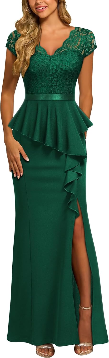 Elegant Floral Lace Ruffle Split Cocktail Party Long Dress