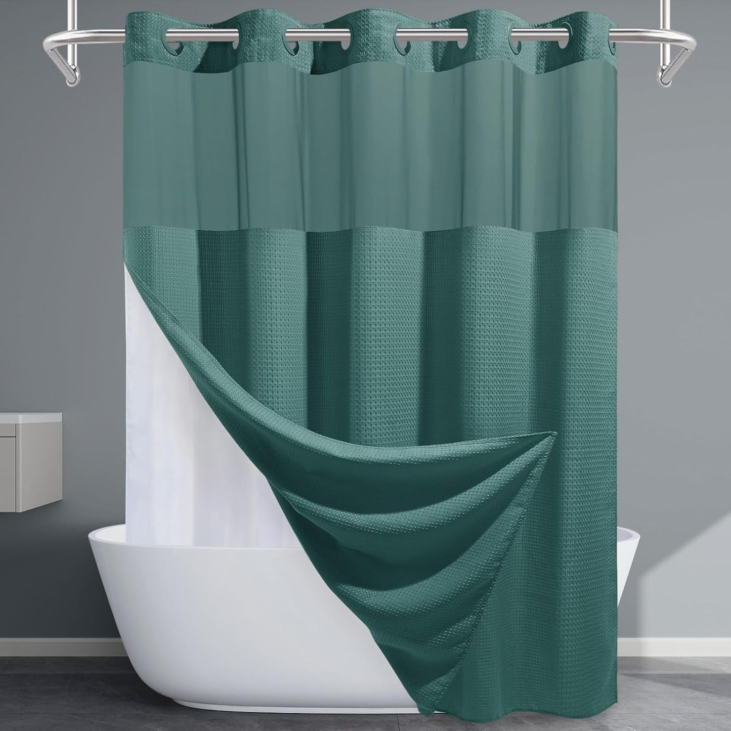 Seaweed Green No Hook Shower Curtain with Snap in Liner