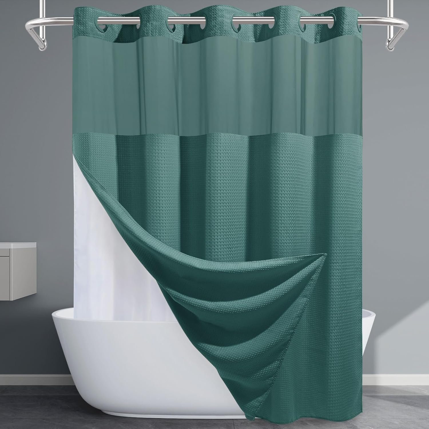Seaweed Green No Hook Shower Curtain with Snap in Liner